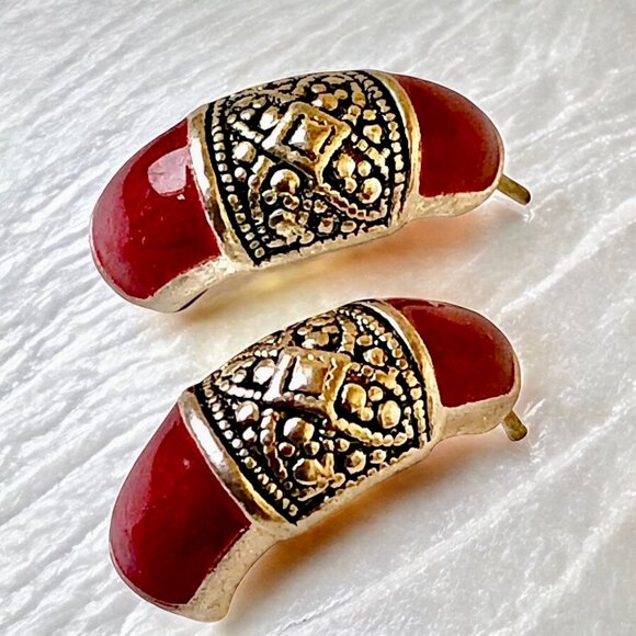 Vintage Earrings Brown Enamel & Silver-tone Half Hoop Pierced Posts - Picture 2 of 10